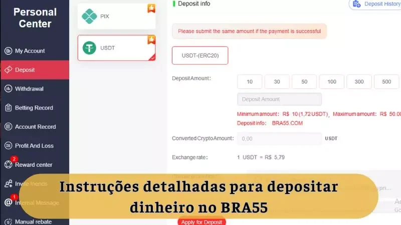 Operações de depósito no BRA55 com USDT